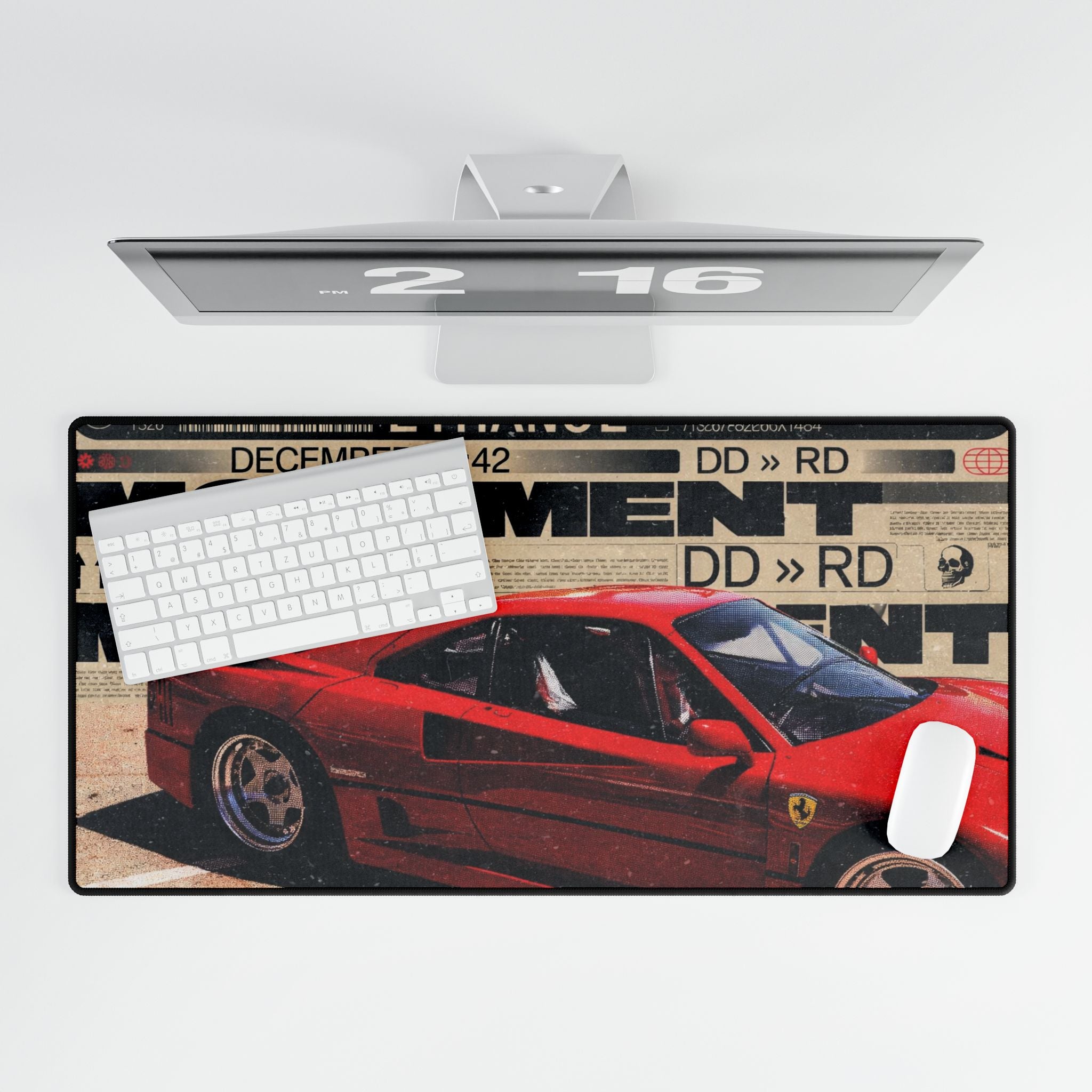 Retro Red Ferrari Desk Mat — Racing Car Gamers Mousepad with Vintage Poster Design