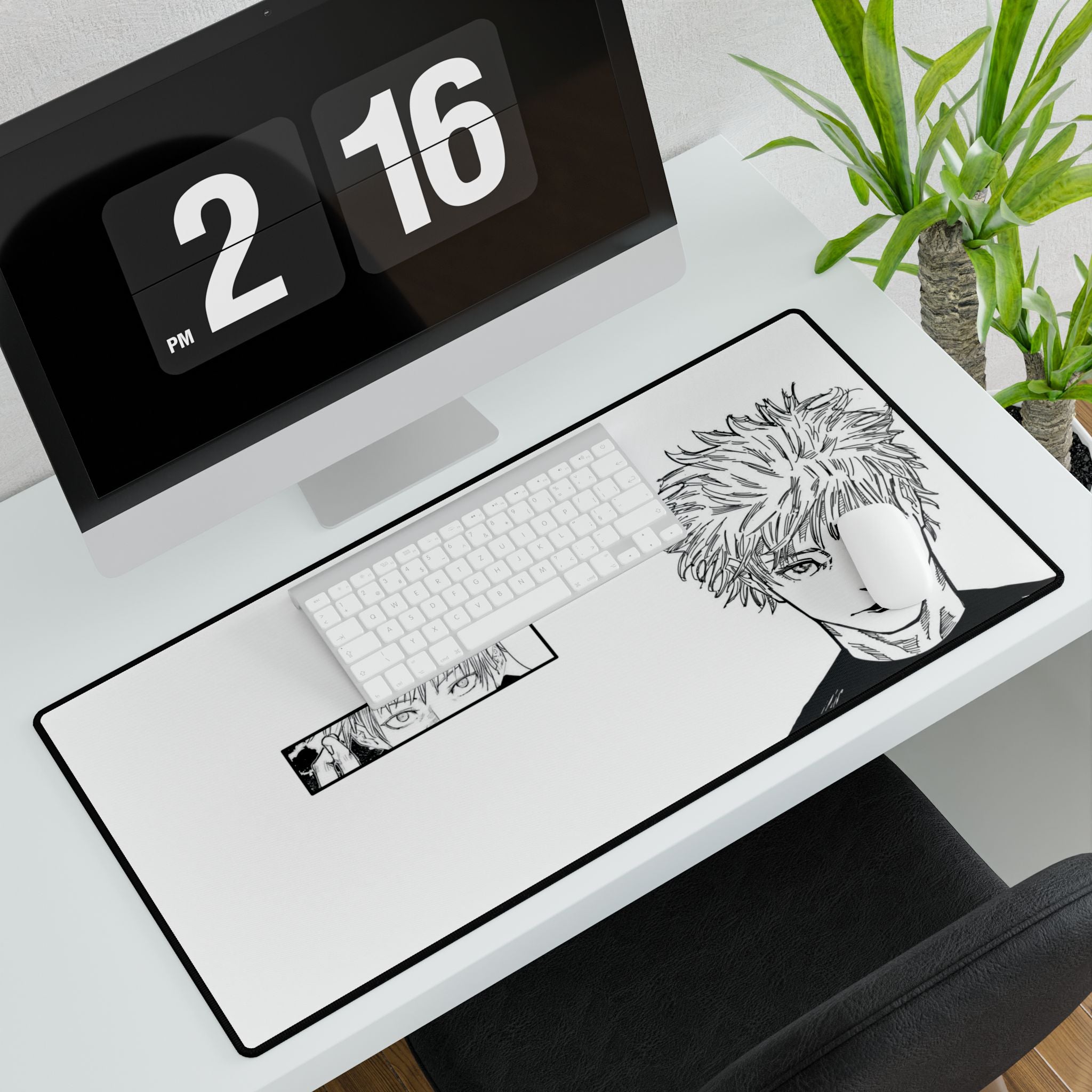 Anime Character Desk Mat — Minimal Black & White Jujutsu-Inspired Mousepad