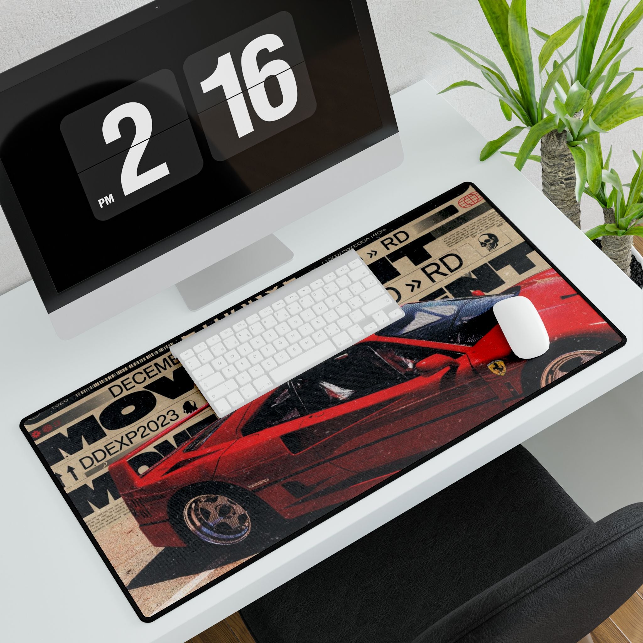 Retro Red Ferrari Desk Mat — Racing Car Gamers Mousepad with Vintage Poster Design
